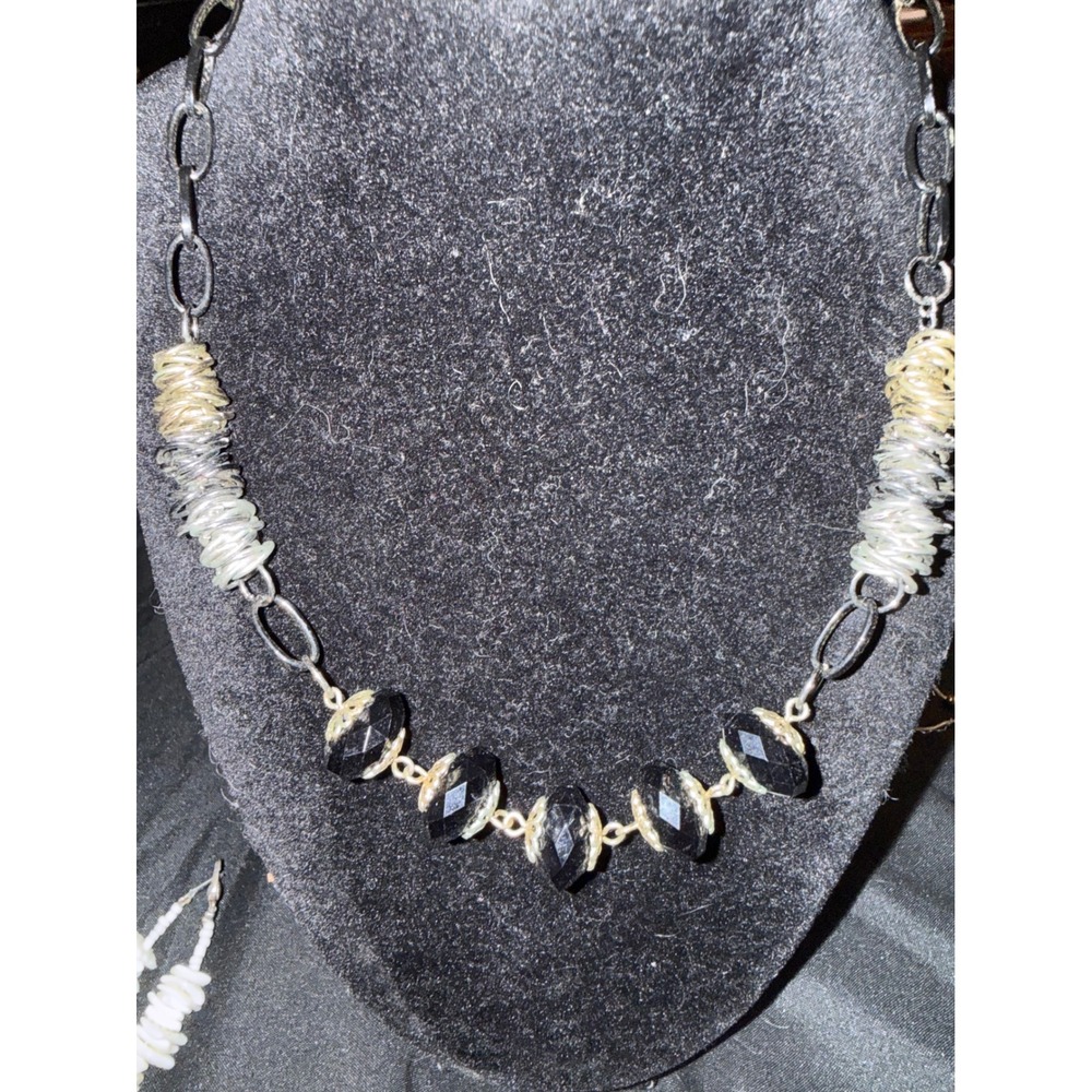 Mixed Metal Coiled Wire Necklace Black Faceted Beads Gunmetal Silver Gold Tone